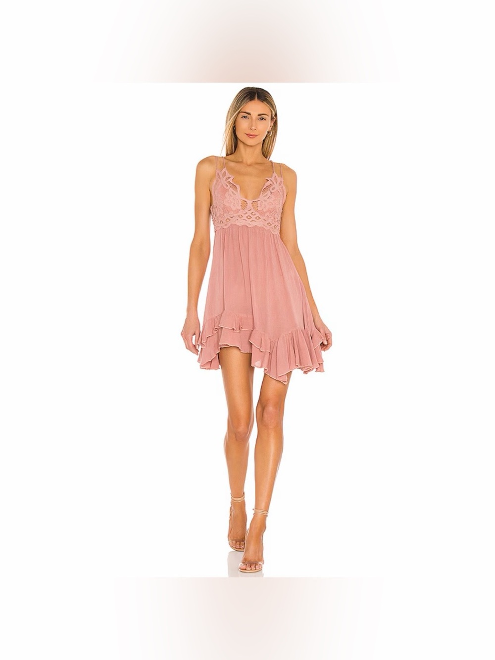 Free People Adella Slip Dress Sz S Rose Pink Lace Boho Asymmetric Ruffle NWT $88